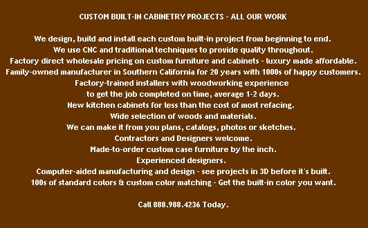Custom Stain and Color Matching.

100s of Standard Colors and Finishes to Choose From.

6 Standard Wood Species.

Over 100 Door Styles.

Dozens of Mouldings and Framing Options.

Dream of the Possibilites.